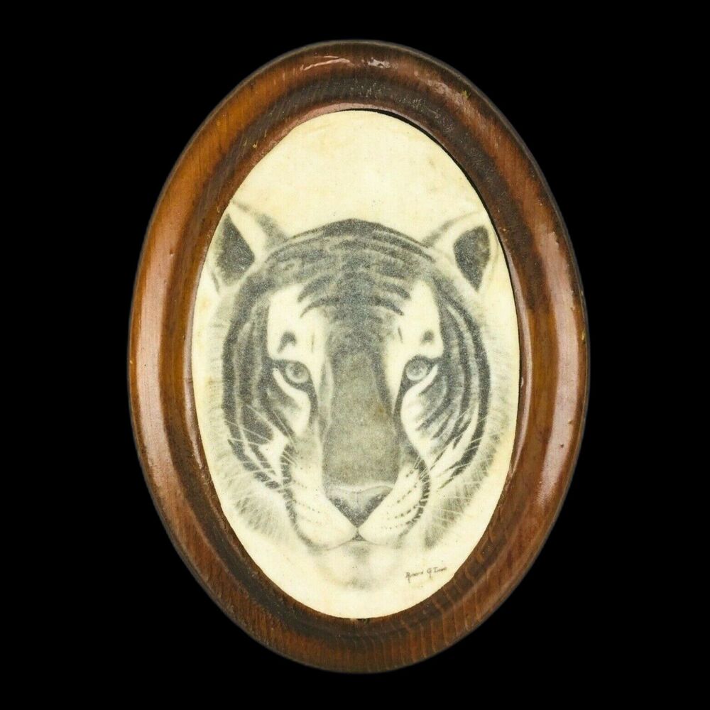 Vintage 70s Robert G Lowe Original Tiger Sand Art Signed Folk Art Framed